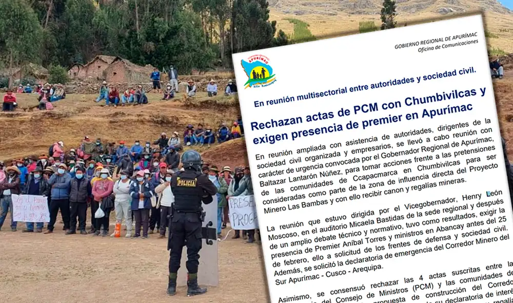 Comuneros de Apurímac piden presencia del primer ministro. Foto: PNP Comuneros de Apurímac piden presencia del primer ministro. Foto: PNP