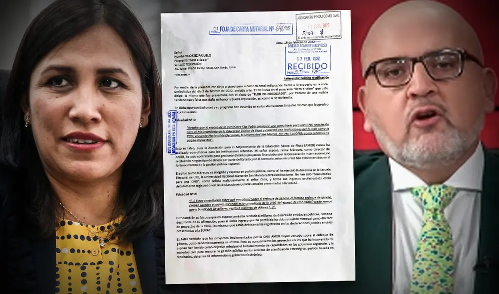 Flor Pablo señala que Beto Ortiz y su programa “han incurrido en varias afirmaciones falsas” en contra de su "honor y el de mi familia”. Foto: composición de Fabrizio Oviedo / La República