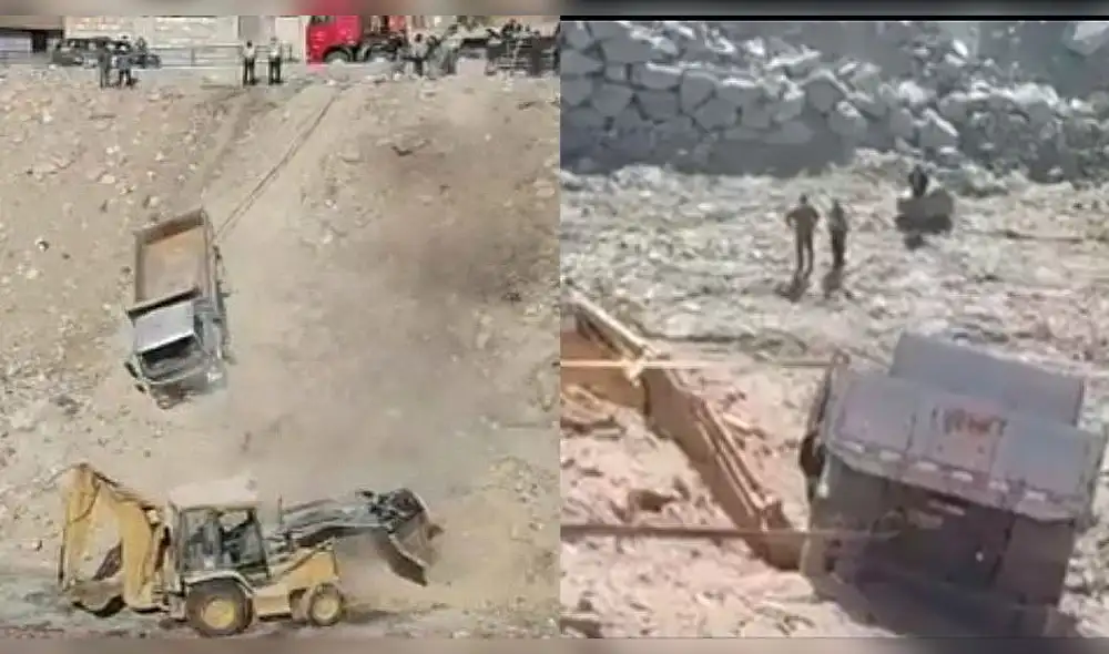 El camión fue rescatado con ayuda de la población de la zona y una grúa. Foto: composición LR/Radio Contacto Sur/360 Grados El camión fue rescatado con ayuda de la población de la zona y una grúa. Foto: composición LR/Radio Contacto Sur/360 Grados