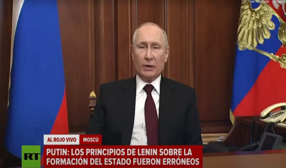 Vladímir Putin se pronunció pocos después de que anunciase que reconocerá la independencia de Donetsk y Lugansk. Foto: captura de RT