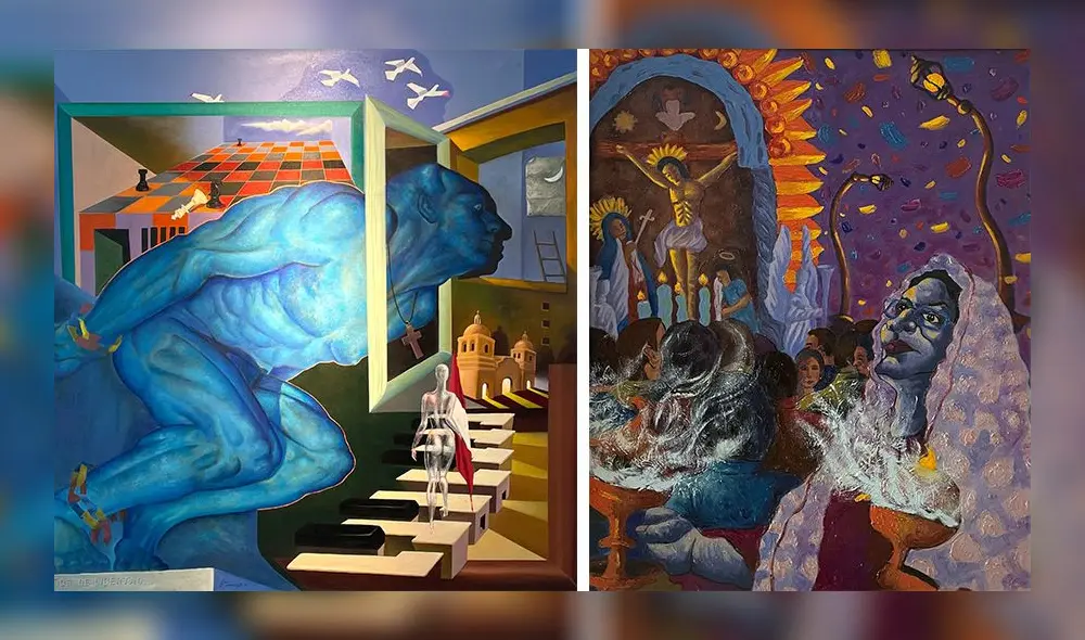 Dos de las pinturas que se exhiben actualmente en el salón internacional sobre artistas del norte del Perú.