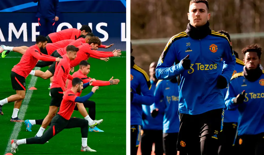 Así salen al campo Atlético de Madrid y Manchester United por la ida de octavos de Champions League 2021-22. Foto: AFP/composición