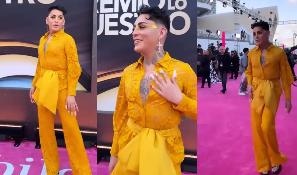 ¡Sorprendió al público! Con un atuendo completamente amarillo, Kunno desfiló por la alfombra morada de los Premios Lo Nuestro. Foto: @elgordoylaflaca/Instagram