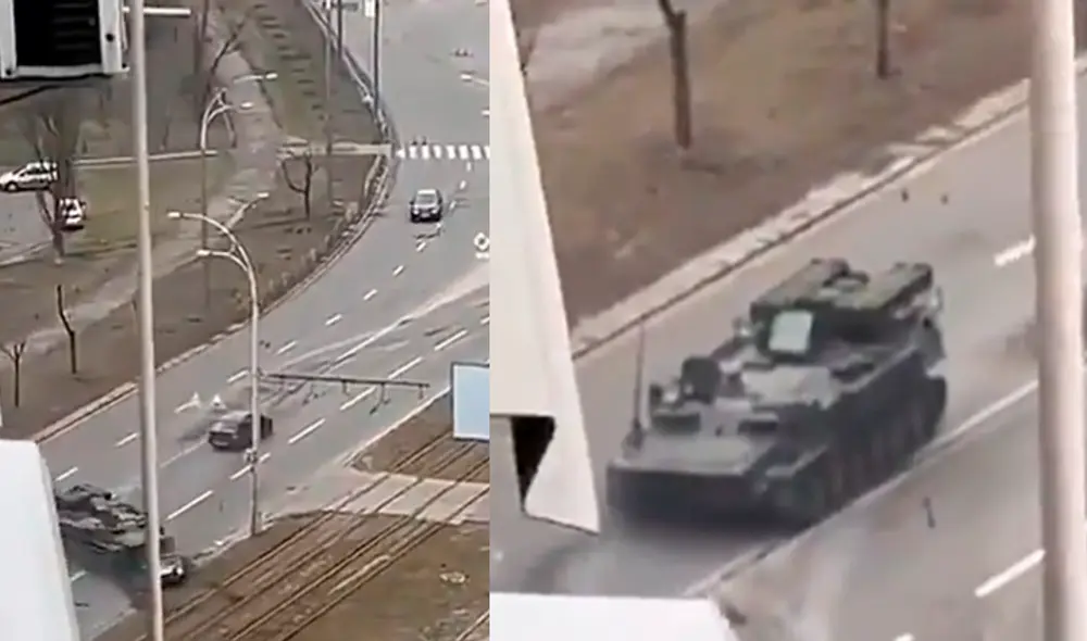 Tanque aplastó un vehículo de un civil en medio de los enfrentamientos entre fuerzas rusas y ucranianas. Foto: captura video