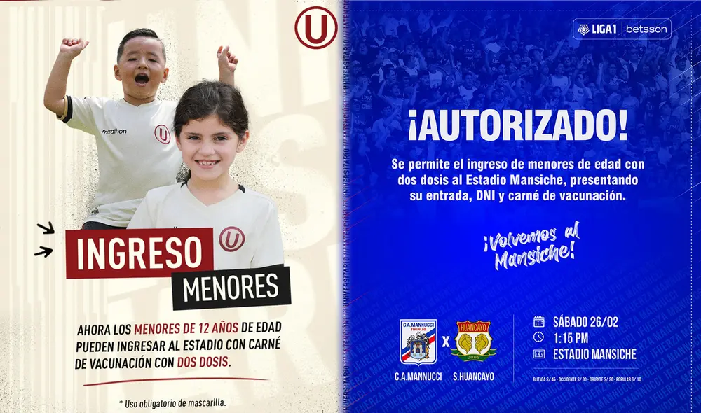 Universitario, Carlos Manucci, Ayacucho FC admitiran niños en sus partidos de Liga 1. Foto: composición Universitario, Carlos Manucci, Ayacucho FC admitiran niños en sus partidos de Liga 1. Foto: composición