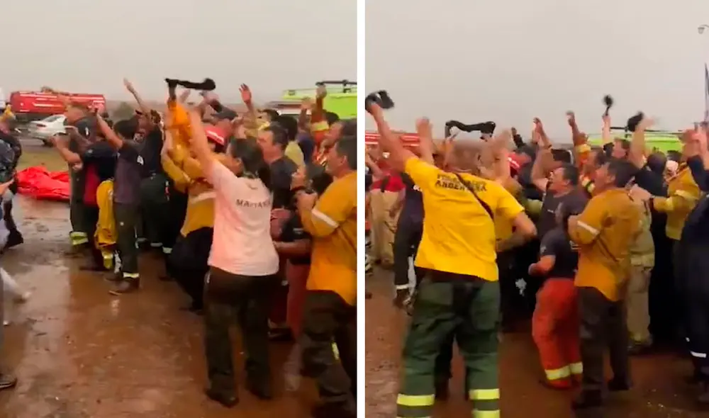 Pese a que el siniestro continúa, esto no impidió que los bomberos celebren por las gotas que cayeron del cielo para apoyarlos en sus labores. Foto: captura de YouTube