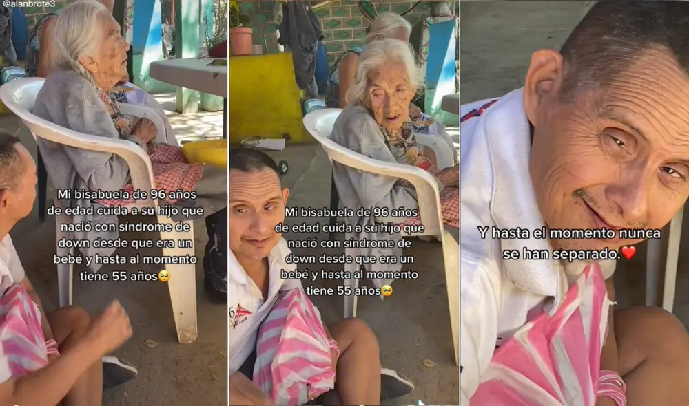 La singular escena cautivó a miles de usuarios en las redes, quienes llenaron de elogios a la adulto mayor que hasta la fecha cuida de su hijo con síndrome de Down. Foto: captura de TikTok