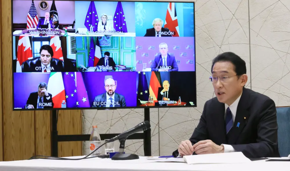 Los líderes del G7 condenaron que Rusia invada militarmente a Ucrania. Sesión liderada por el primer ministro de Japón, Fumio Kishida. Foto: EFE