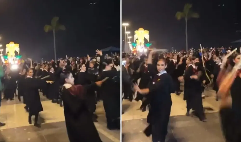 La viral escena fue compartida en diferentes redes sociales, donde los usuarios reaccionaron al peculiar disfraz de Harry Potter de los bailarines. Foto: captura de TikTok