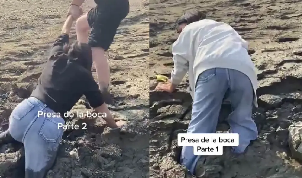 La joven fue jalada del brazo en repetidas oportunidades para zafarse del lodo. Foto: captura de TikTok La joven fue jalada del brazo en repetidas oportunidades para zafarse del lodo. Foto: captura de TikTok