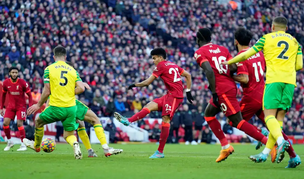 El colombiano Luis Díaz marcó un gol en el último partido Liverpool vs. Norwich. Foto: EFE El colombiano Luis Díaz marcó un gol en el último partido Liverpool vs. Norwich. Foto: EFE