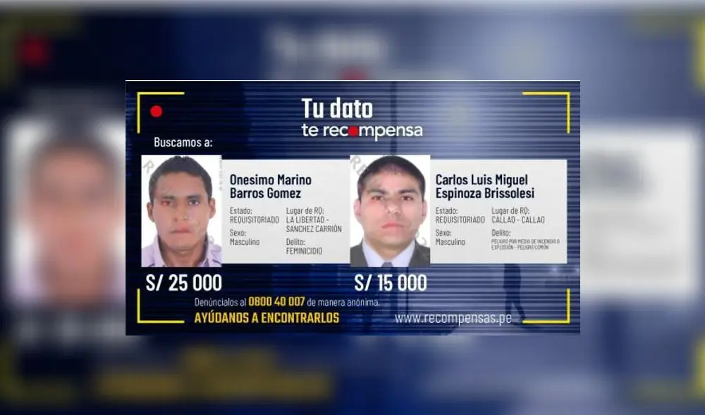 Ministerio del Interior ofrece sumas de dinero por información de estos prófugos. Foto: Mininter Ministerio del Interior ofrece sumas de dinero por información de estos prófugos. Foto: Mininter