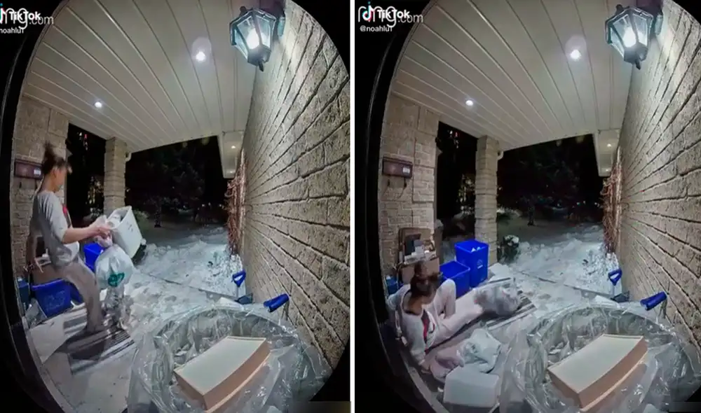 El perrito junto a su dueña cayó al mismo tiempo tras tropezar con el tapete de la puerta. Foto: captura de TikTok El perrito junto a su dueña cayó al mismo tiempo tras tropezar con el tapete de la puerta. Foto: captura de TikTok