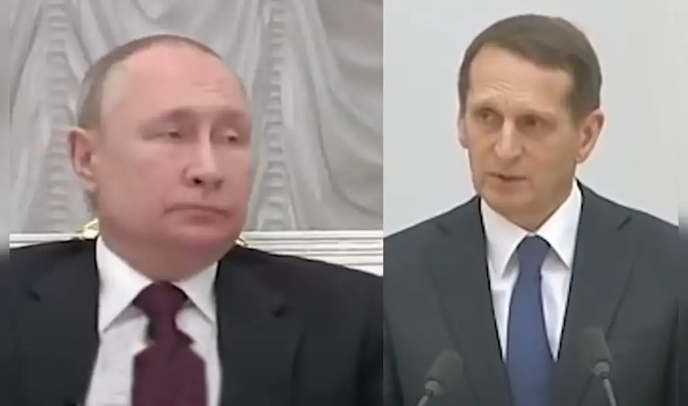 El presidente ruso Vladimir Putin interrumpió varias veces la intervención de su jefe del Servicio de Inteligencia Extranjera, Serguéi Naryshkin. Foto: composición/captura de video El presidente ruso Vladimir Putin interrumpió varias veces la intervención de su jefe del Servicio de Inteligencia Extranjera, Serguéi Naryshkin. Foto: composición/captura de video