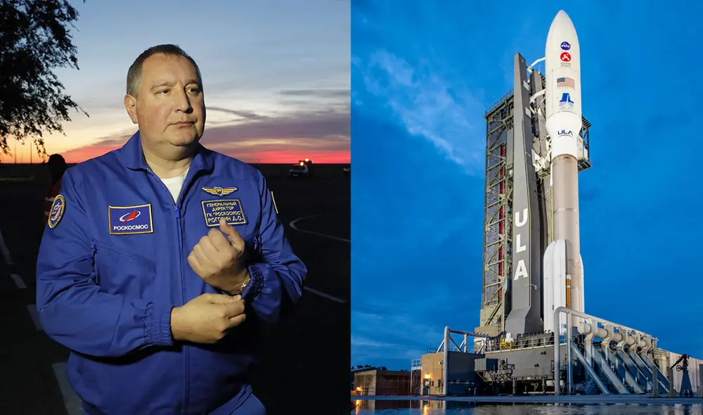 A la derecha, el jefe de Roscosmos. A la izquierda, el cohete Atlas V (con motor ruso) listo para lanzar una misión rumbo a Marte. Fotos: AFP / NASA.