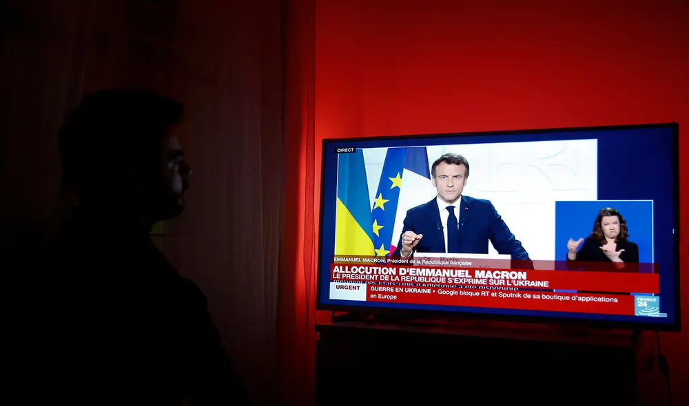 Emmanuel Macron el miércoles durante una alocución televisada acerca de la invasión rusa a Ucrania. Foto: EFE Emmanuel Macron el miércoles durante una alocución televisada acerca de la invasión rusa a Ucrania. Foto: EFE