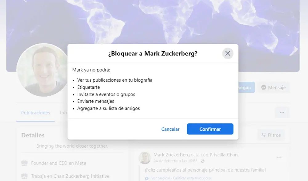 Actualmente, si se puede bloquear a Mark Zuckerberg de su plataforma. Foto: captura de Facebook
