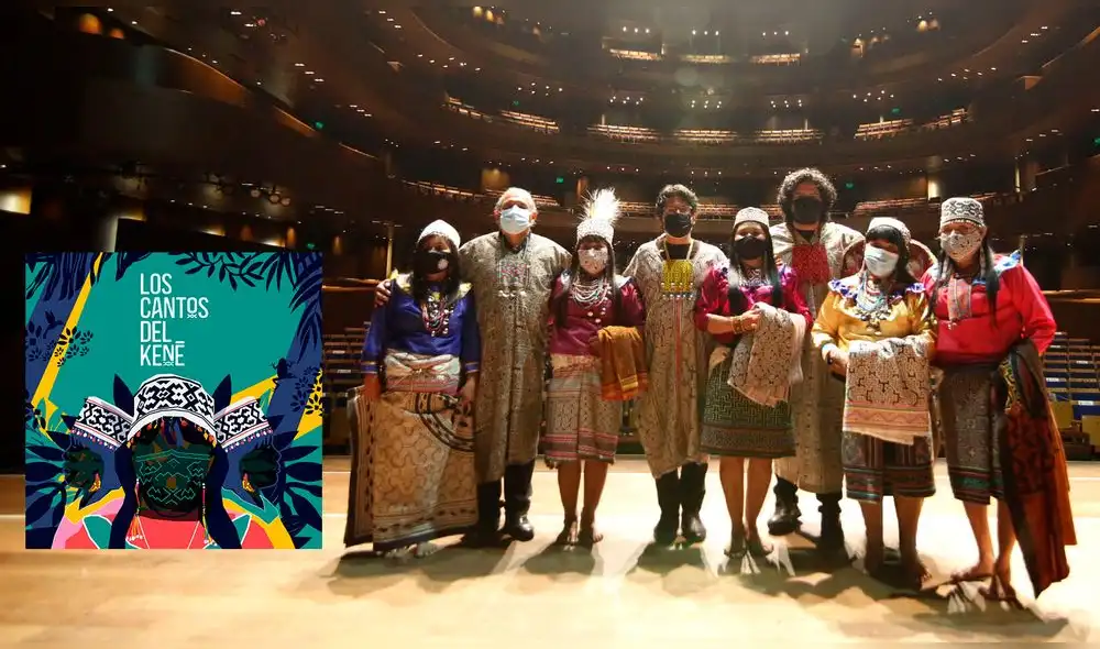 Miembros de la comunidad shipibo-konibo de Cantagallo, en Lima. Al lado, disco "Los cantos del kené". Fotocomposición: La República.