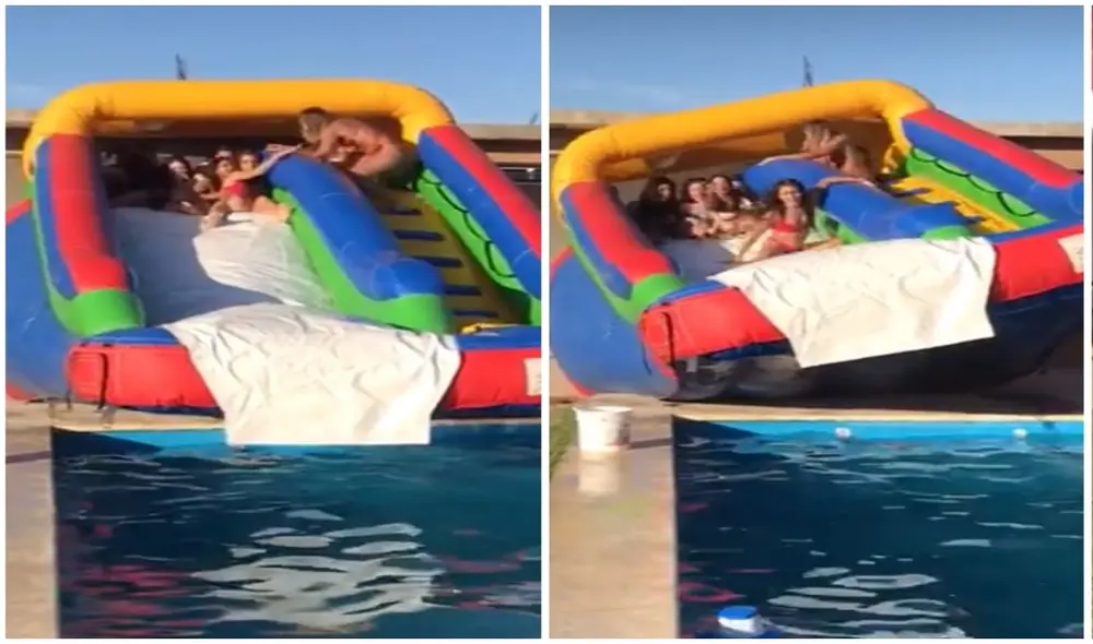 Jóvenes se viralizan en TikTok tras caer de un tobogán inflable durante una fiesta de cumpleaños. Foto: captura de TikTok.