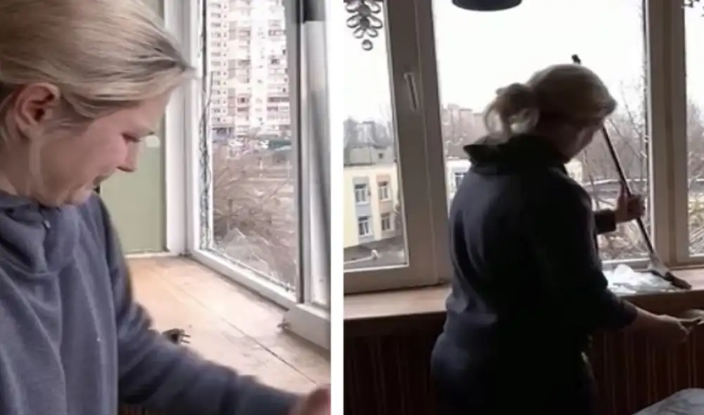 La joven recogía fragmentos de vidrio de su ventana dañada. Foto: captura de TikTok.