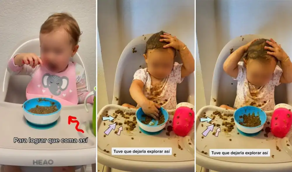 Los usuarios quedaron impresionados con la paciencia y el buen ánimo de la mujer, quien dejó explorar a su pequeña con la comida para que aprenda. Foto: captura de TikTok