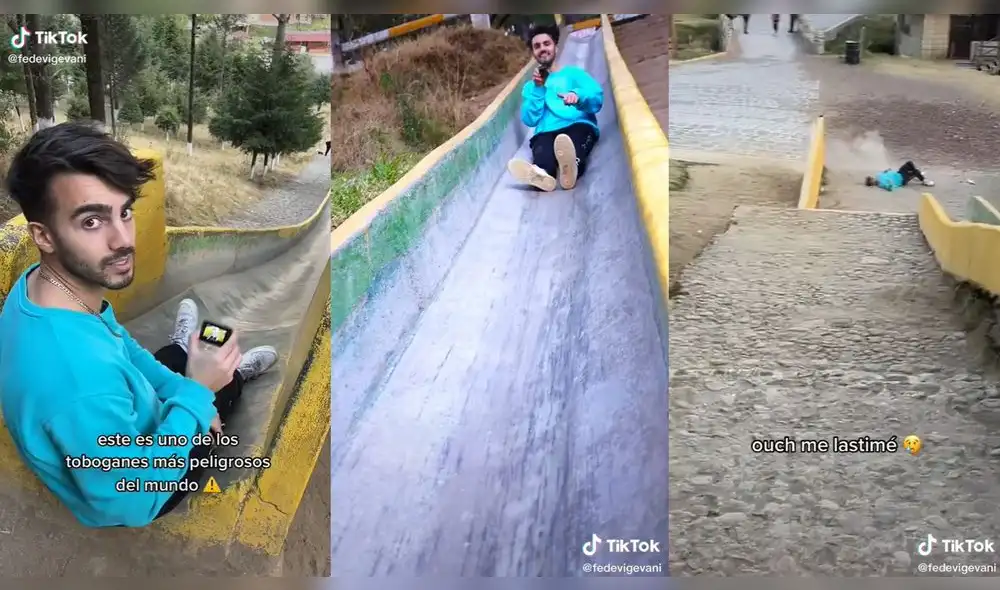 El joven grabó todo el trayecto recorrido por el tobogán. Foto: captura de TikTok