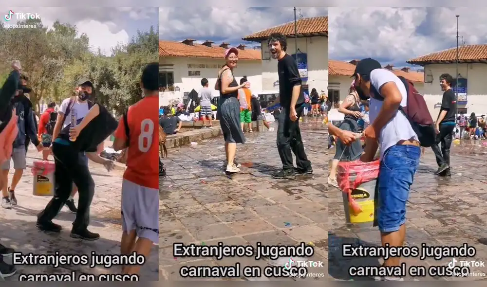 Los turistas tenían algunos globos llenos de agua en las manos. Foto: captura de TikTok Los turistas tenían algunos globos llenos de agua en las manos. Foto: captura de TikTok