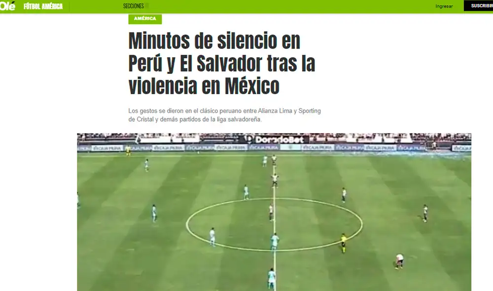 La Liga 1 mostró su rechazo a los actos de violencia en México. Foto: Captura Diario Olé La Liga 1 mostró su rechazo a los actos de violencia en México. Foto: Captura Diario Olé