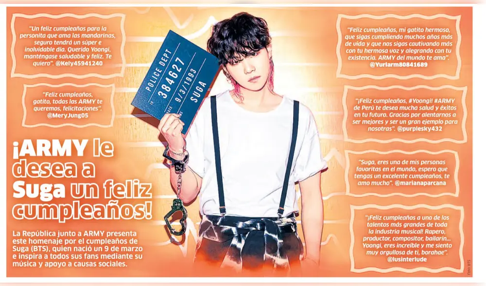 Palabras dedicadas a Suga (integrante de BTS) por su cumpleaños en 2022. Foto: BigHit/composición La República Palabras dedicadas a Suga (integrante de BTS) por su cumpleaños en 2022. Foto: BigHit/composición La República