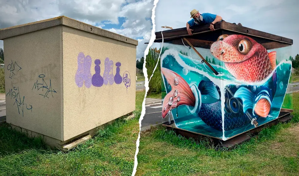 El antes y después de una estructura abandonada. Péscame, el nombre de esta obra tridimensional. Autor: Scaf - Composición: Gersón Cardoso/La República