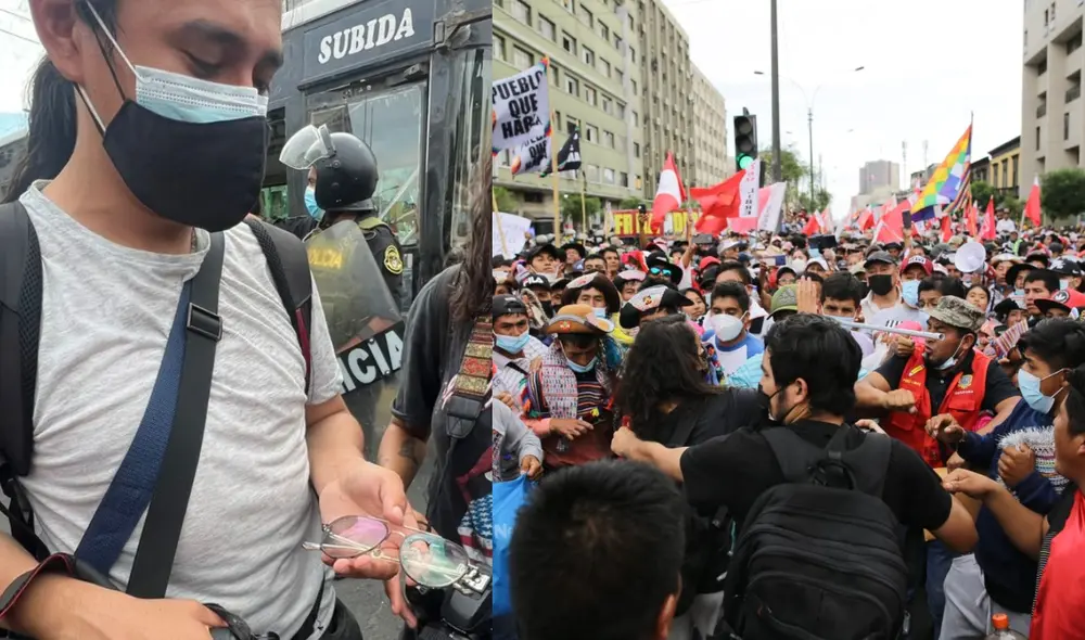 Nuestro reportero gráfico John Reyes acabó con sus lentes rotos como producto de la agresión. Foto: Raúl Egúsquiza / URPI - LR Nuestro reportero gráfico John Reyes acabó con sus lentes rotos como producto de la agresión. Foto: Raúl Egúsquiza / URPI - LR