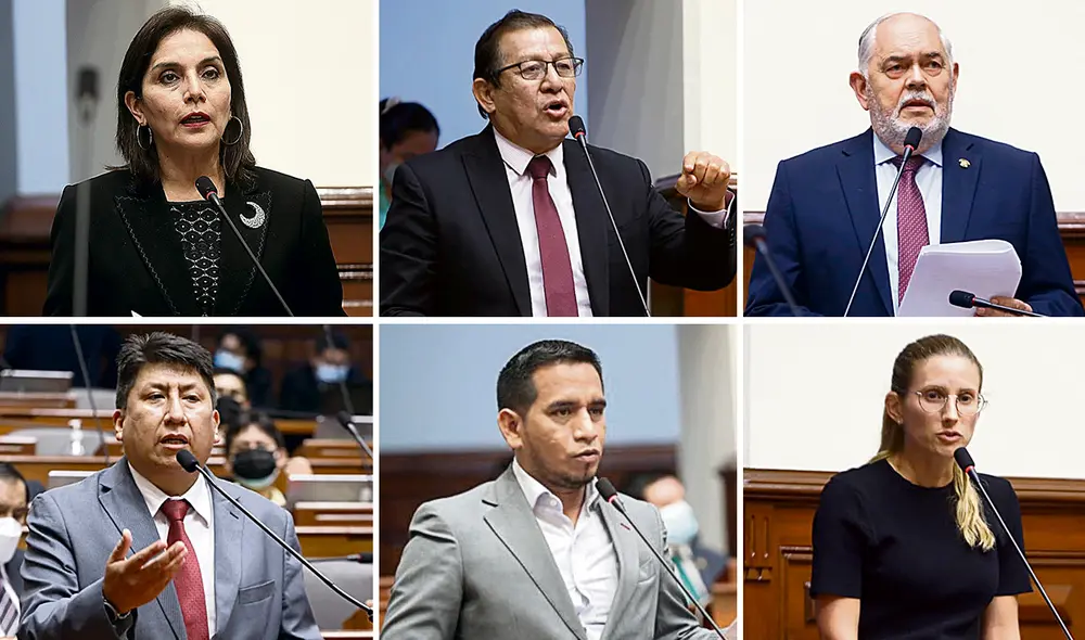Congresistas: Patricia Juárez, de Fuerza popular; Eduardo Salhuana, de Alianza para el Progreso; Jorge Montoya, de Renovación popular; Waldemar Cerrón, de Perú libre; Elvis Vergara, de Acción popular; y Adriana Tudela, de Avanza país. Foto: composición LR