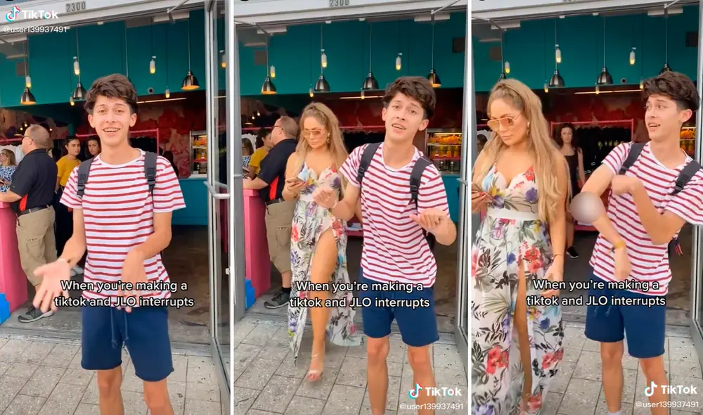 Cuando el joven bailaba fue sorprendido por una mujer que usaba el mismo atuendo y el peinado de la diva del Bronx, JLo. Foto: captura de TikTok