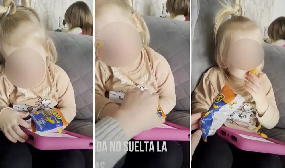 La nena estaba sentada sobre el sofá con una bolsa de papitas fritas. Foto: captura de YouTube