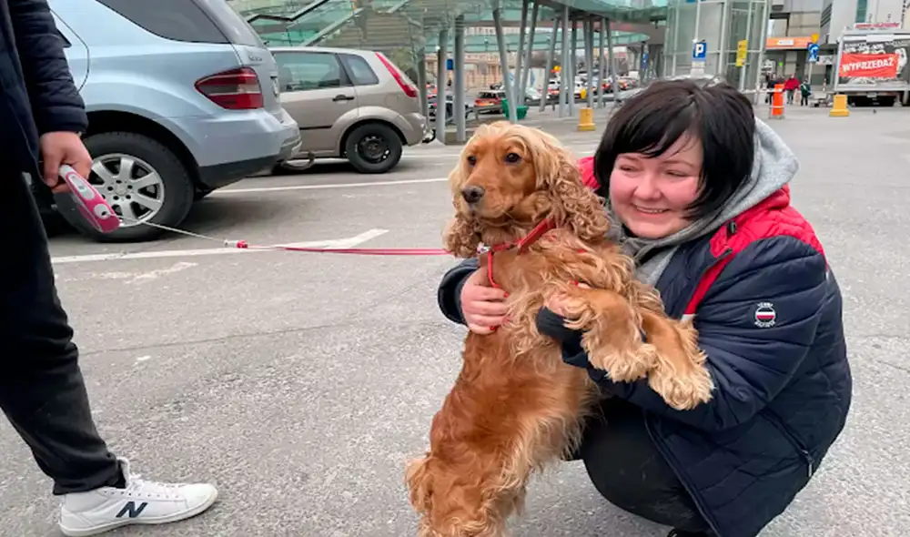 El fundador de una organización benéfica viajó a la frontera de Ucrania con Polonia para apoyar a los refugiados cuando se topó con la familia y su perrita. Foto: Planting Peace