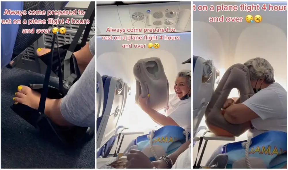 Mujer realiza extraño ritual para dormir y llama la atención de todos los pasajeros de avión. Foto: captura de TikTok.