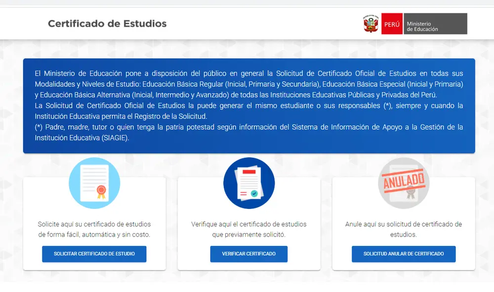 El ministerio de Educación puso a disposición de los usuarios la plataforma web para solicitar el certificado de estudios. Foto: Minedu El ministerio de Educación puso a disposición de los usuarios la plataforma web para solicitar el certificado de estudios. Foto: Minedu