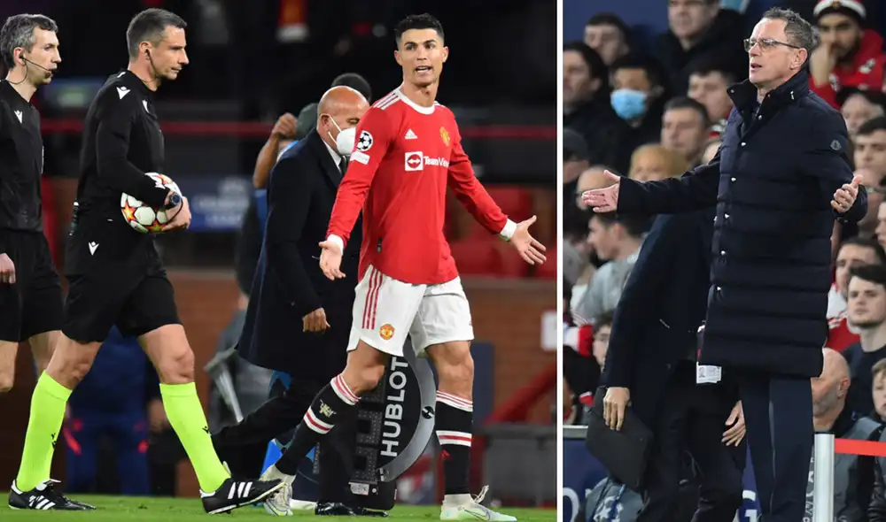 Rafl Rangnick reclamó falta en un jugador del Manchester United antes del gol de Atlético Madrid. Foto: composición/EFE