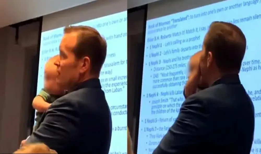 Profesor sostiene al bebé de su alumna para que pueda tomar notas de su clase. Foto: captura de TikTok