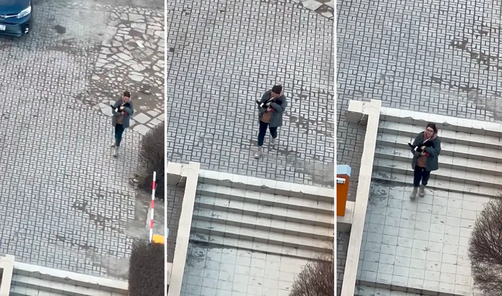 Una mujer encontró un gatito en una calle de Kiev y decidió recogerlo en el preciso momento en que sonaban las alertas de bombardeo. Foto: captura de Facebook Una mujer encontró un gatito en una calle de Kiev y decidió recogerlo en el preciso momento en que sonaban las alertas de bombardeo. Foto: captura de Facebook