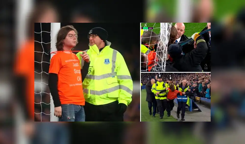El hincha ingresó al campo a los 48' e interrumpió el duelo Newcastle vs. Everton cuando el marcador iba 0-0. Foto: composición GLR