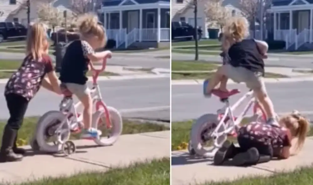 Niña ayuda a su hermanita a subirse a su bicicleta y conquista a miles en TikTok. Foto: captura de TikTok.