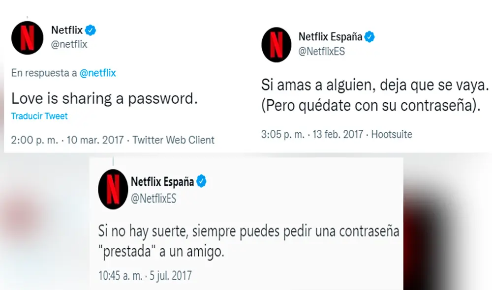 Hace unos años, la empresa de servicio de streaming bromeaba y hasta promocionaba el compartir la contraseña. Foto: captura de Twitter