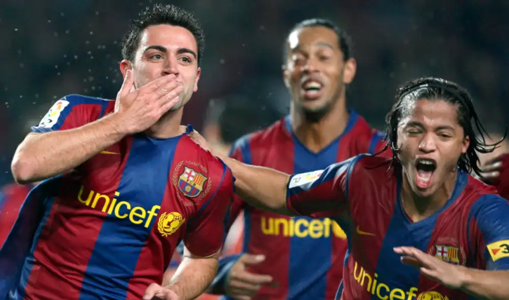 Xavi Hernández durante una celebración de gol en el 2008. Foto: EFE