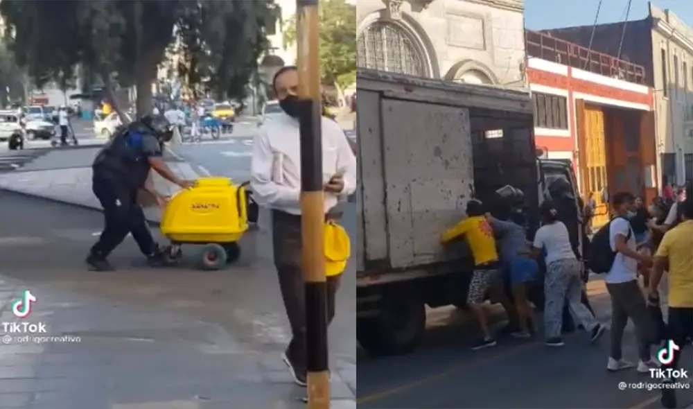 Serenos devuelven el carrito de heladero por presión de ciudadanos. Foto: captura @rodrigocreativo Serenos devuelven el carrito de heladero por presión de ciudadanos. Foto: captura @rodrigocreativo