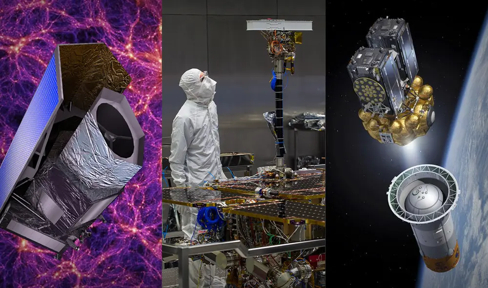 De izq. a der.: sonda Euclid detectando materia oscura; un científico supervisa los instrumentos del rover Rosalind Franklin; un satélite Galileo desprendiéndose de su cohete. Foto: composición LR / ESA / Airbus / De izq. a der.: sonda Euclid detectando materia oscura; un científico supervisa los instrumentos del rover Rosalind Franklin; un satélite Galileo desprendiéndose de su cohete. Foto: composición LR / ESA / Airbus /