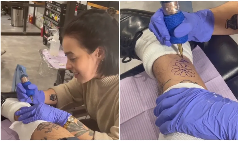 Conoce a una chica en Tinder y deja que le tatúe su pierna en la tercera cita. Foto: captura de TikTok.