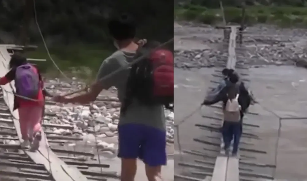 Los menores de edad se agarran de los cables del peligroso camino para asistir al colegio. Foto: captura de América Noticias