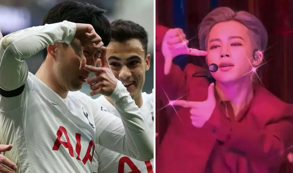 Son Heung Min celebró un gol con la pose de "Filter" de Jimin de BTS y las redes enloquecen. Foto: composición La República / Twitter @Spurs_KR / BIGHIT