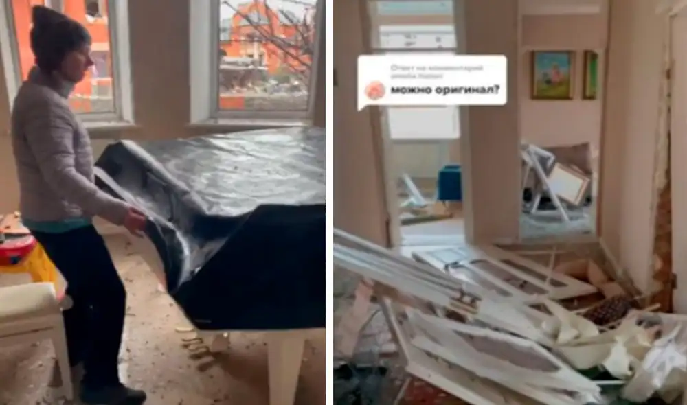 Una mujer tocó el piano en su departamento luego de que este sea destruido por los bombardeos rusos. Foto: captura de Twitter Una mujer tocó el piano en su departamento luego de que este sea destruido por los bombardeos rusos. Foto: captura de Twitter